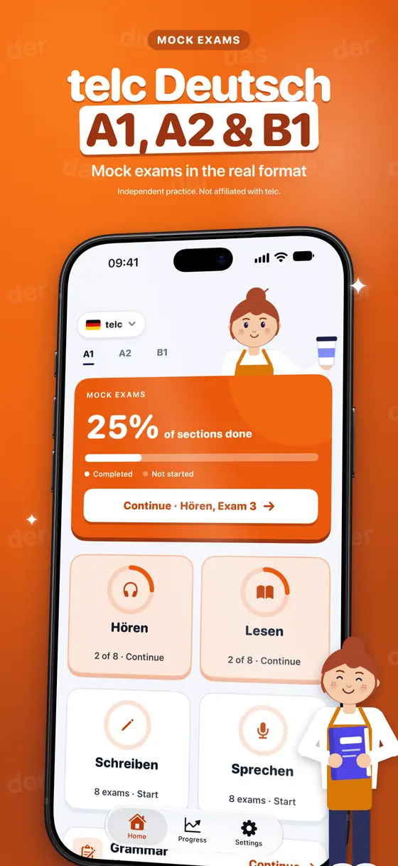 Lingotivo home screen with telc Deutsch practice tests for A1, A2 and B1.
