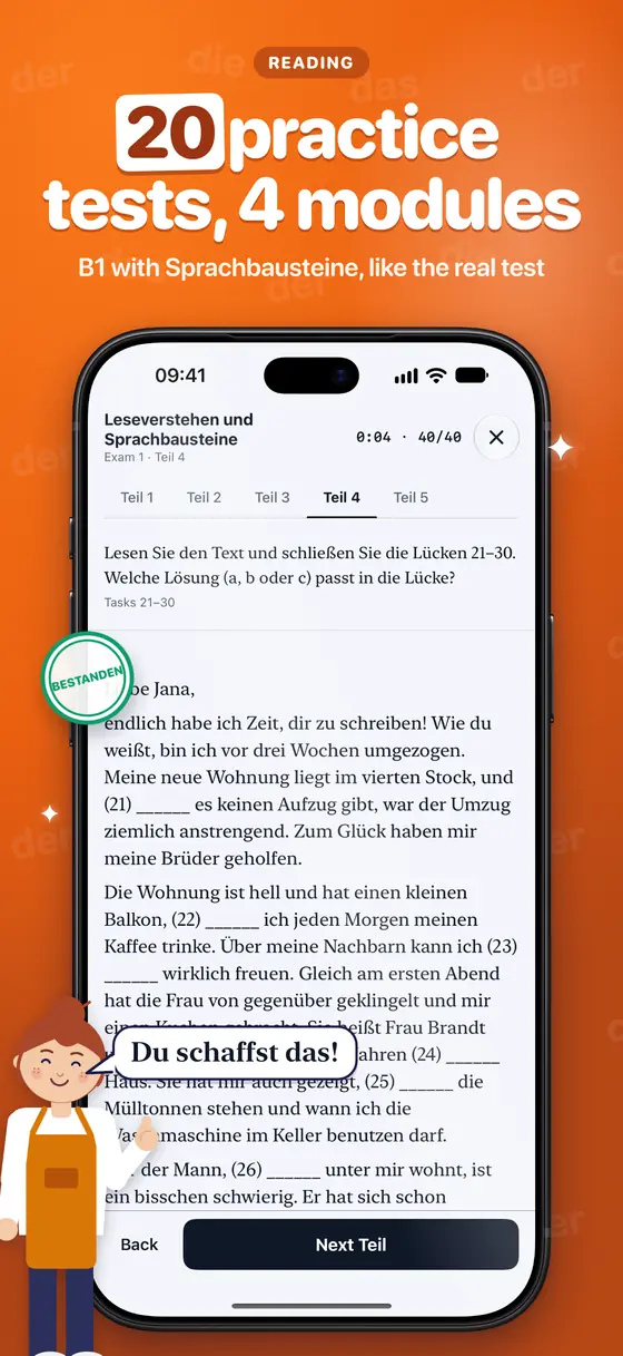 A telc Lesen and Sprachbausteine paper on iPhone: a text with numbered gaps to fill.