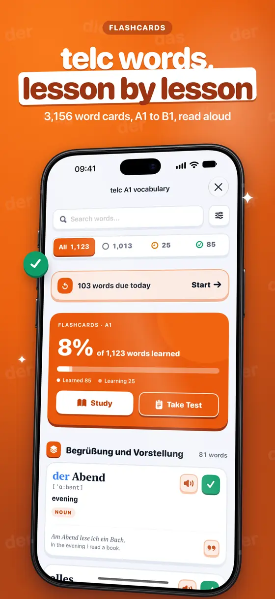 The telc A1 word list with the words due today and a word card with its article and recording.