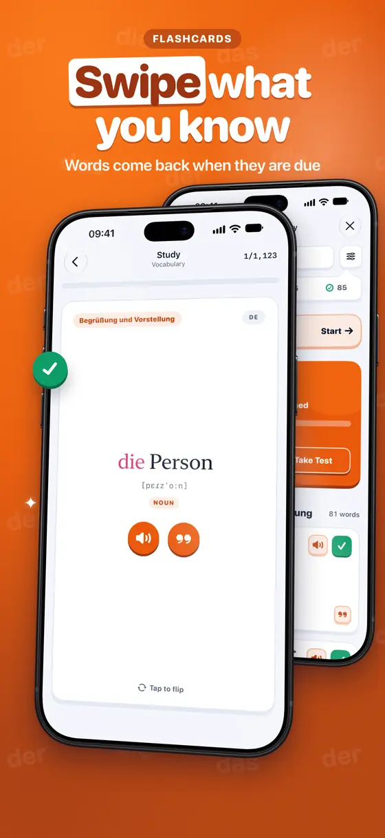 A telc word card: die Person with its pronunciation and a recording, ready to flip.