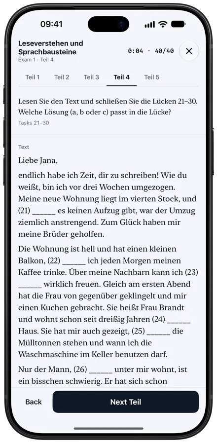 A telc B1 Leseverstehen und Sprachbausteine paper on iPhone: a letter with numbered gaps to fill.