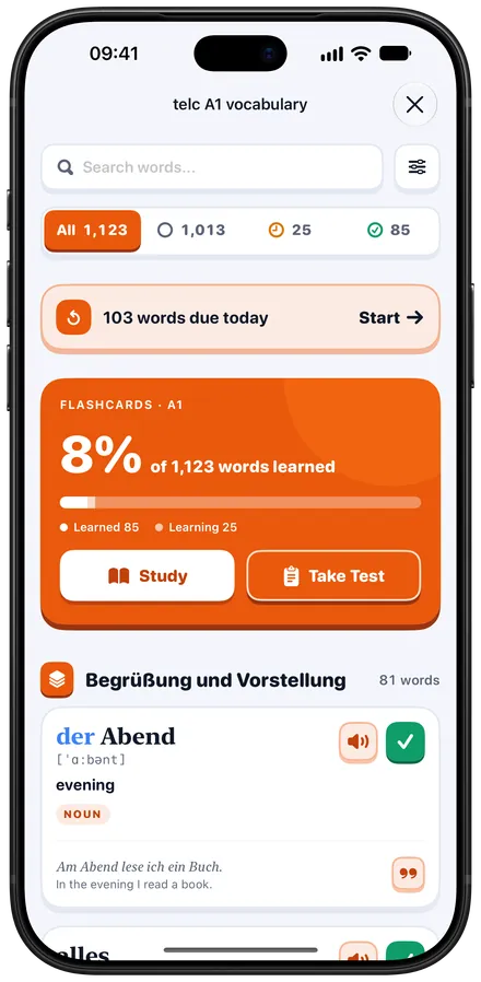 The telc A1 word list on iPhone: 1,123 words, the words due today and a word card with its article.