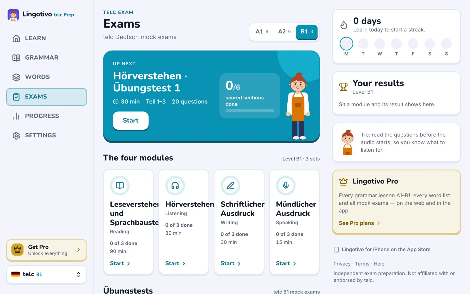 The telc course on telc.lingotivo.com in a browser: the exams page with the next paper, the four modules and the mock exams.